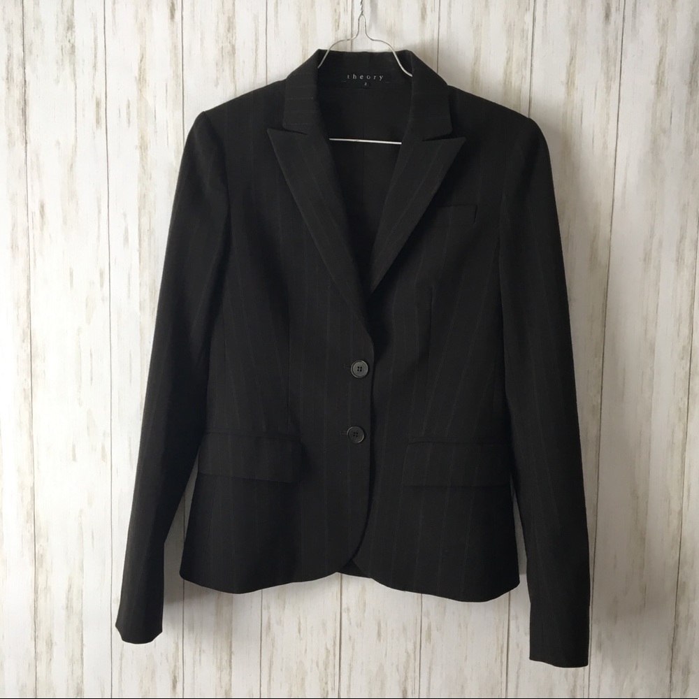 theory • Black Pinstripe 2Button Wool Blend Blazer
